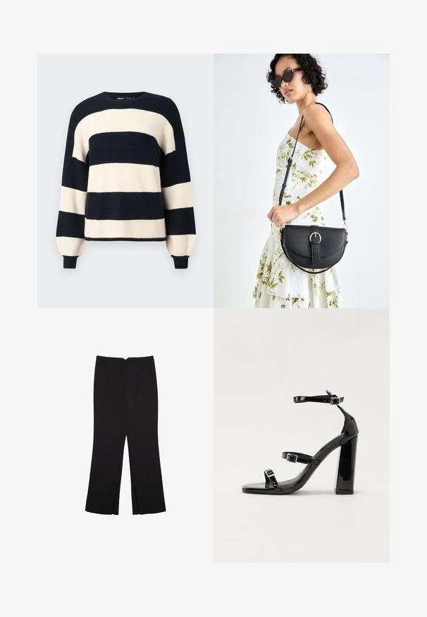 Pruhovaný svetr se širokými námořnickými modrými a krémovými vodorovnými pruhy. Hladký výstřih a manžety s uvolněným střihem. Měkká struktura.; Černé kalhoty s rovným střihem, s předními kapsami a bočními rozparky na lemu. Vyrobené z jemné, hladké tkaniny. Vhodné na různé příležitosti.; Černé lakované sandály na vysokém podpatku se dvěma pásky se sponami, čtvercovou špičkou a robustním blokovým podpatkem, s hladkou, lesklou texturou.; Černá kožená kabelka s křivkovým tvarem, odnímatelným popruhem a zlatými detaily. Kabelka má klopu s přezkou.