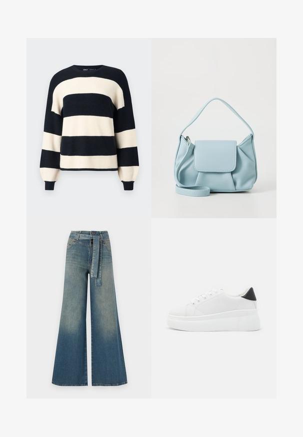 Striped sweater featuring wide navy blue and cream horizontal stripes. Ribbed neckline and cuffs with a relaxed fit. Soft texture.; Wide-leg denim trousers featuring a light to dark blue gradient, high waist, belt loops, and a matching fabric belt. Textured denim finish.; White platform sneakers made of smooth synthetic material, featuring a rounded toe, lace-up design, and a textured rubber sole. Black heel accent.; Light blue leather handbag with a top handle, front flap pocket, and detachable wrist strap on a white background.