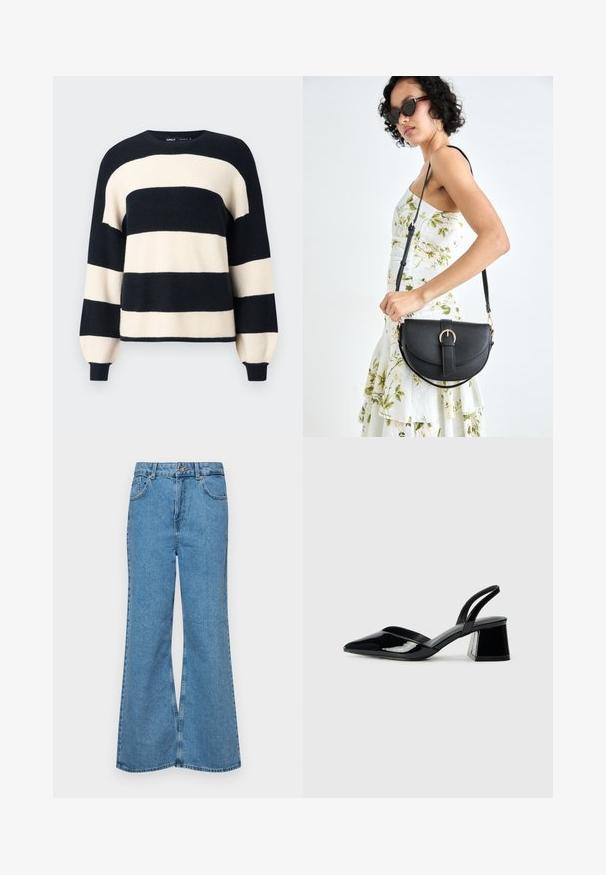 Pull rayé avec de larges rayures horizontales bleu marine et crème. Col et poignets côtelés avec une coupe décontractée. Texture douce.; Jean flare bleu clair en denim, avec une taille haute, cinq poches et une fermeture à un bouton. Texture douce avec une finition décolorée.; Escarpins en cuir verni noir avec bout pointu et talon bloc géométrique. Présente un design élégant et minimaliste ainsi qu'une texture lisse.; Sac à main en cuir noir avec une forme courbée, bandoulière amovible et des accessoires en or. Le sac est doté d'un rabat avec un détail de boucle.