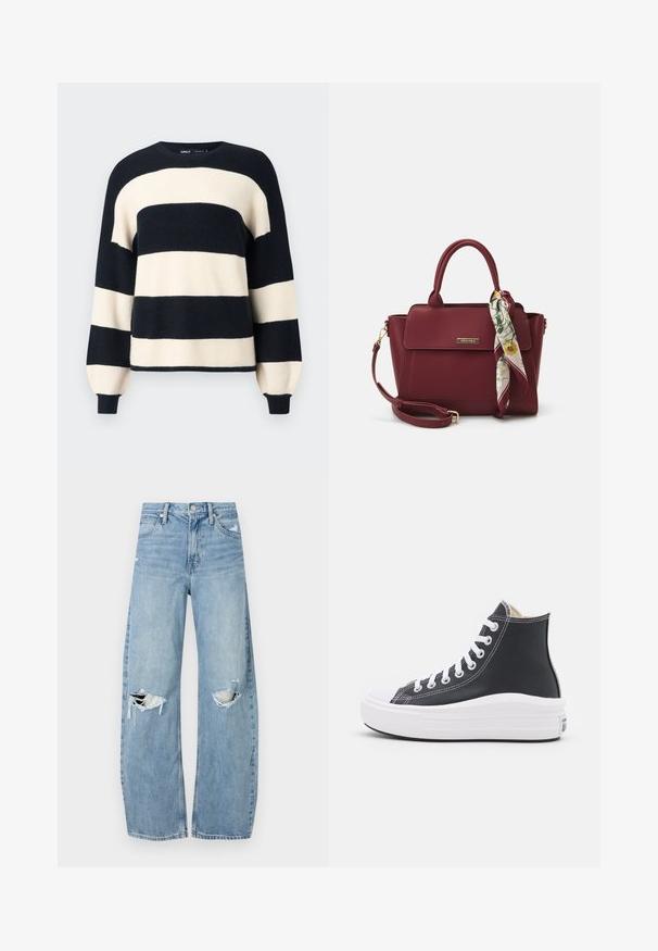 Svītrains džemperis ar plašām tumši zilām un krēma krāsas horizontālām svītrām. Ribota kakla un aproču maliņa ar brīvu piegriezumu. Mīksta tekstūra.; Gaiši zili, augstās vidukļa džinsi, kas izgatavoti no denima. Iespējas plašas kājas, divas plēstas ceļa daļas un klasiskā piecu kabatu dizains.; Melnas augstas kedas ar baltām auklām un gumijas zoli. Raksturīga gluda ādas faktūra un baltas šuvju akcenti.; Burgundijas krāsas somiņa, izgatavota no sintētiska materiāla ar strukturētu dizainu, ar noņemamu siksnu un ziedu raksta šalli, kas piesieta pie roktura.