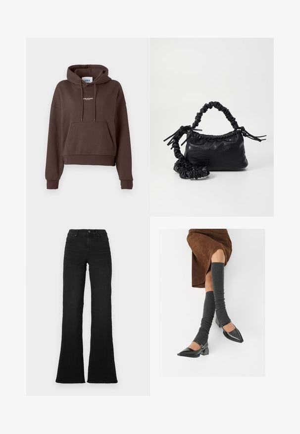 Brūns īss džemperis ar priekšējo kabatu un balto uzrakstu "JJXX STUDIO" uz krūtīm, ar kapuci, kurai ir aukla, un ribinātām piedurknēm.; Melni augstās jostas flared džinsi ar priekšējām kabatām, jostas cilpu un pogu aizdari uz balta fona.; Melnas laka ādas apavi ar norādītu purngalu, blokveida papēdi un potīšu jostu, saskaņoti ar pelēkām ribotām kāju sildītājām un brūnu zamšādas svārku.; Melnā mākslīgās ādas rokassoma ar krokodila rakstu, savilkta augšdaļa un saburzīta siksna. Izskatās mīksta un kompakta pēc dizaina.