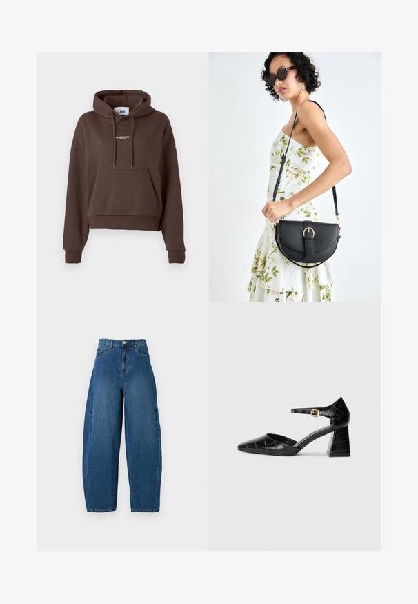 Barna, cropped kapucnis pulóver elülső zsebbel, fehér "JJXX STUDIO" felirattal a mellrészen, húzózsinórral ellátott kapucnival és bordázott mandzsettákkal.; Közepes kék mosású farmernadrág, magas derékkal, széles lábszárral és hagyományos öt zsebes kialakítással, látható varrási részletekkel.; Fekete lakkbőr magassarkú cipő hegyes orral, bokapánttal és texturált krokodilmintával. Négyzet alakú blokk sarok kialakítás.; Fekete bőrtáska ívelt formával, levehető pánttal és arany színű fémrészekkel. A táskán egy csattal díszített fedél található.