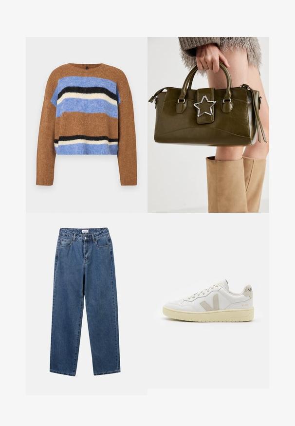 Bruine gebreide trui met een ronde hals, met horizontale strepen in lichtblauw, zwart en wit. Zachte textuur, ontspannen pasvorm, geribbelde zoom.; Klassieke blauwe denim jeans met een rechte pijp, vijf zakken en een knoopsluiting. Heeft een middelgrote wasbeurt en stevige textuur.; Witte leren sneaker met beige suède accenten, geperforeerde neus, platte veters en een gestructureerde crèmekleurige zool. Heeft subtiele branding op de hak.; Olijf groen neplederen handtas met zilveren steraccent, dubbele handvatten en een ritssluiting. Gelaagd oppervlak en gestructureerde vorm.