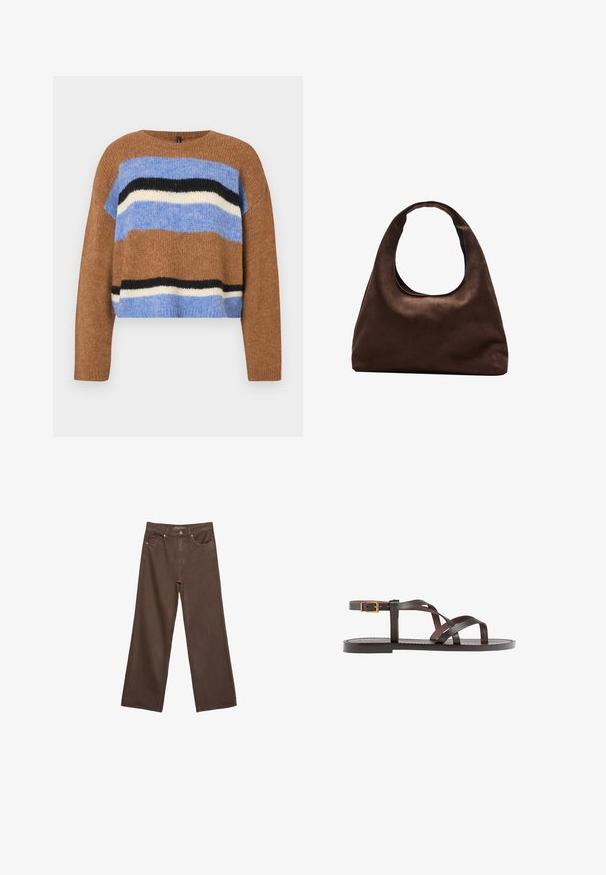 Bruine gebreide trui met een ronde hals, met horizontale strepen in lichtblauw, zwart en wit. Zachte textuur, ontspannen pasvorm, geribbelde zoom.; Brede bruine spijkerbroek van denim, met een hoge taille, voorzakken en een klassieke knoopsluiting. Soepele textuur met subtiele stiksels.; Bruine leren sandaal met kruisingen van banden, een enkelgesp-sluiting en een platte zool met minimale stikdetails.; Zachte bruine hobo-stijl handtas met een enkele brede schouderband en een gebogen opening aan de bovenkant, weergegeven op een witte achtergrond.