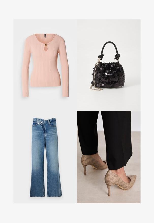 Ribana majica dugih rukava u mekoj ružičastoj boji s dekolteom u obliku ključa i zlatnim dugmetom kao akcentom. Prilagođeni dizajn s glatkom teksturom.; Svijetloplave traperice s izrezom i visokim strukom, s dva gumba i prednjim džepovima. Tkanina ima izblijeđenu teksturu s suptilnim varijacijama.; Bež cipele s visokom petom izrađene od teksturiranog materijala s ponavljajućim uzorkom. Dizajn s oštrim vrhom s pozadinskim naglaskom i zlatnim detaljem na peti.; Crna mini torbica sa šljokicama, s čvorastim teksturiranim remenom i srebrnim lancem. Zaobljenog oblika s naboranim vrhom i reflektivnim detaljima.