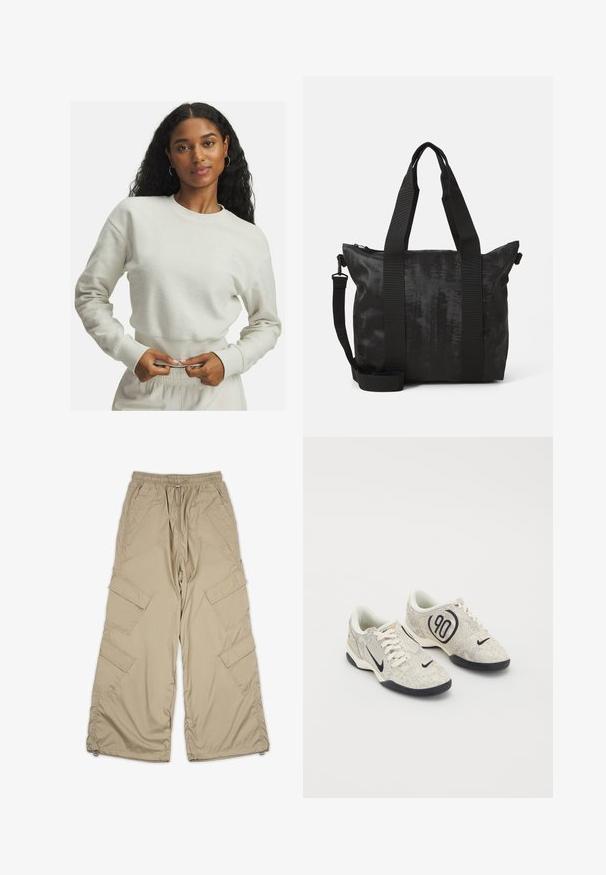 Cremfarbener, strukturierter Sweatshirt mit gerippten Bündchen und Saum, das ein kleines gesticktes Detail auf der Brust trägt. Lässig, lockere Passform.; Beige Cargo-Hosen mit einem Kordelzugbund, mehreren Seitentaschen und einem lockeren Schnitt. Hergestellt aus leichtem, glattem Stoff mit Nähdetails.; Nike-Sneaker mit einem beigen und grauen texturierten Obermaterial, schwarzen Akzenten, einem großen "90"-Logo und einer weißen Schnürverschluss. Schwarze Sohle.; Schwarze Tote-Tasche aus strukturiertem Stoff, mit zwei oberen Griffen und einem abnehmbaren Schultergurt. Sie verfügt über einen Reißverschluss für sicheren Stauraum.
