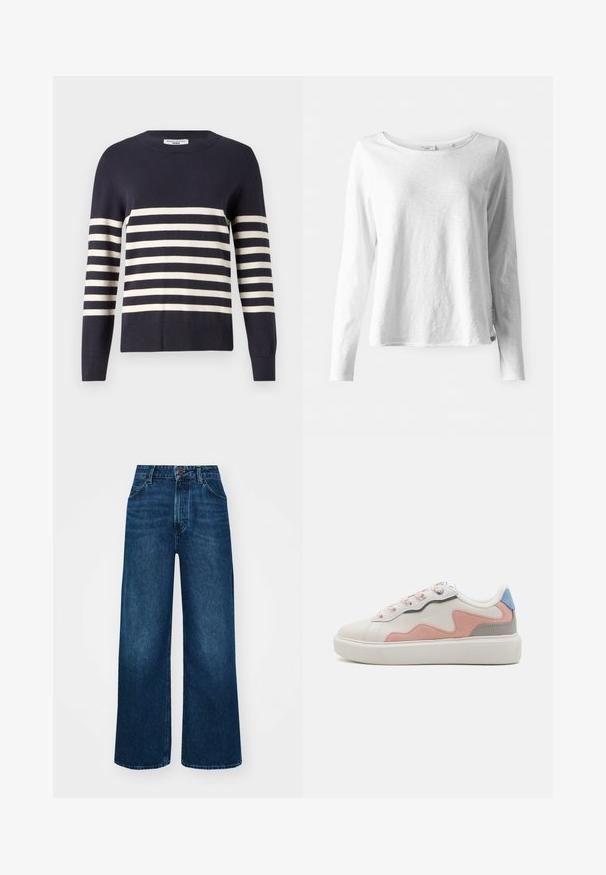 Suéter azul marinho com riscas horizontais em creme. Apresenta um decote redondo e punhos e bainha canelados. Fabricado em tecido de malha suave.; Camisola de manga longa branca em tecido suave e leve; possui um decote redondo e um ajuste ligeiramente relaxado; etiqueta visível na lateral.; Jeans de cintura alta e pernas largas em denim azul escuro com uma textura suave, costuras em contraste e design de cinco bolsos. Fecho frontal com botão.; Ténis de cano baixo com um upper sintético branco, realces em camurça rosa e cinza, sola de borracha branca texturizada e cordões coloridos.