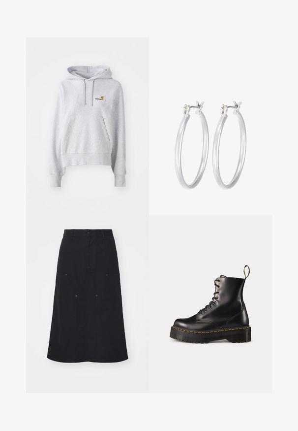 Hellgrauer Kapuzensweatshirt aus einem Baumwollmischgewebe, mit einer Front-Kängurutasche und einem kleinen gestickten Logo auf der Brust.; Schwarzer Rock aus Baumwolle, mit einer Vorderknopfleiste, zwei großen Taschen und einer geraden Silhouette. Sanfte Textur.; Schwarze Leder-Schnürstiefel mit knöchelhohem Schaft, einer robusten schwarzen Sohle und gelben Nähten. Verfügt über eine Lasche hinten und runde Metallösen.; Silberne Creolen mit einer glatten, polierten Oberfläche. Runder Form und sicherem Klickverschluss. Leichtes Design, geeignet für den täglichen Gebrauch.