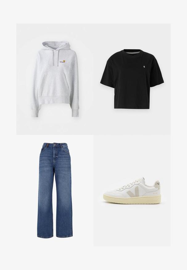 Hele hall sweatshirt, mis on valmistatud puuvilla segust, esiküljel on tasku ja rinnal väike broderingitud logo.; Must have t-särk, mis on valmistatud puuvillast, lühikeste varrukatega, ümmarguse kaelusega ning vasakul rinnal on väike valge logo.; Laiad jalgadega denim teksad, mis on valmistatud keskmise kaaluga sinisest puuvillakudumist. Omab klassikalist viit taskut ja lukuga esiots, millel on nööbiga kinnitamine.; Valge nahast tenniseking, millel on beežist siidist aktsent ja aukudega varvas, lame paelad ja tekstureeritud koorevärvi tallad. Omab nüansirikast brändimist kannal.