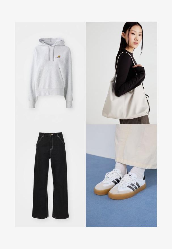 Világosszürke kapucnis pulóver, pamut keverékből készült, elöl kenguruzsebbel és egy kis hímzett logóval a mellkasán.; Fekete, széles szárú farmernadrág, kontrasztos fehér varrással és elülső gombos záródással, két ferde elülső zsebbel.; Fehér sportcipő fekete csíkokkal és bézs velúr részletekkel. Texturált gumi talppal és lapos fehér fűzőkkel rendelkezik, világos színű zoknival viselve.; Puha anyagból készült bézs kézitáska, laza dizájnnal, varrott részletekkel és két vállpánttal. Mindennapi használatra alkalmas.