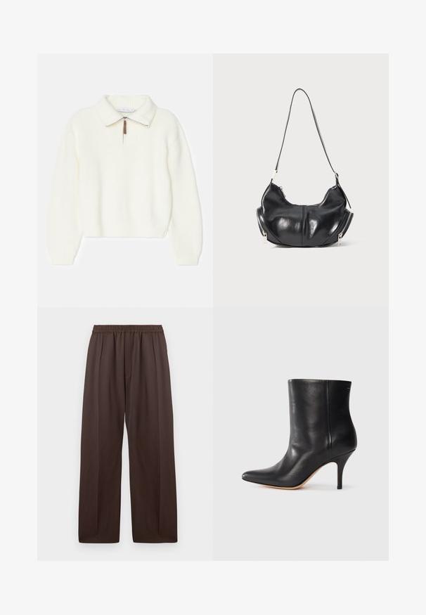 Valkoinen neulottu pusero, jossa on litteä kaulus, neljänneksen vetoketju ja ribbaus hihoissa ja helman alareunassa. Pehmeä rakenne, rento istuvuus.; Ruskeat leveälahkeat housut, joissa on joustava vyötärö ja hillityt etu laskokset, aseteltuna tasaisesti valkoista taustaa vasten.; Musta nahkasaapas nilkkamittaisena, teräväkärkinen, kapea stiletto-korko ja sileä pinta. Minimalistinen muotoilu ilman näkyviä metalliosia tai kuvioita.; Mustavihreä puolikuun muotoinen olkalaukku, jossa on hopeiset vetoketjut molemmilla puolilla ja yksi hihna.