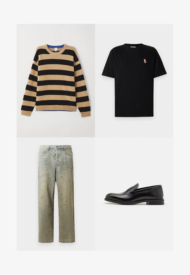 Triibuline sviiter, kus vahelduvad must ja tan värv, ribaga ümmargune kaelus ja sinine aktsent kaela juures. Pehme tekstuur, mugav lõige.; Must have lühikeste varrukatega ümmarguse kaelusega must t-särk, mille vasakus rinnakus on väike brodžeeritud oranž rebane.; Karmiinroheline kulunud denim teksapüksid, millel on sirge jalg, viie taskuga disain ning ebaühtlane pleekimine koos värvikrõpsudega.; Mustad mustad nahast loafers sileda tekstuuriga, ümarat ninaosa ja dekoratiivne riba vampi üle. Madal kihiline konts, minimalistlik disain.