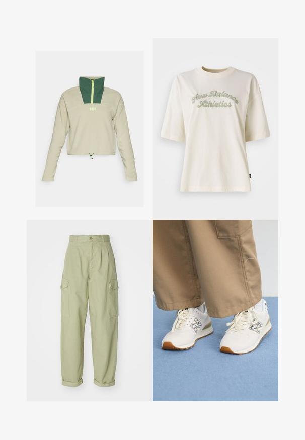 Beež fliispullover rohelise paneeli kraega, pooltõmblukuga ees ning nööriga allääres. Ees on kollane logo.; Kreemikas puuvillane lühikeste varrukatega T-särk, millel on kõver roheline tekstigraafika, mis ütleb "New Balance Athletics."; Heledad rohelised cargo püksid, valmistatud puuvillakangast. Omavad kõrget talje, volditud pahkluup, ja kahte külgpoket lisafunktsionaalsuse jaoks.; Valged sportlikud kingad tekstuuriga, beeži kummitaldaga. Need sisaldavad sinist loomamustrit ja lamedaid beeže nööre, millele on sobitatud beežid püksid.