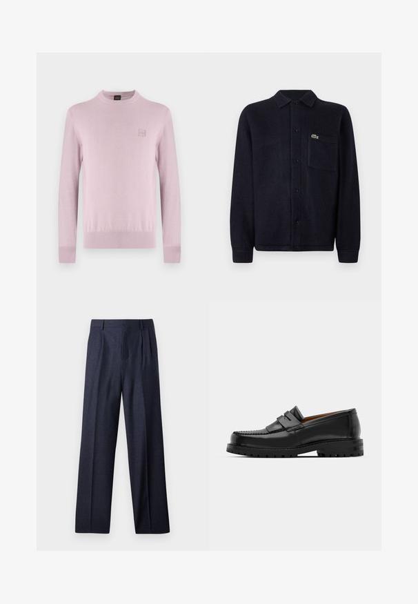 Svijetloružičasti džemper s okruglim izrezom i dugim rukavima, s malim kvadratnim logom na lijevoj strani prsa, prikazan na jednobojnoj bijeloj pozadini.; Mornarica teksturirana košulja-jakna od mekanog materijala, s kragnom, gumbima sprijeda, dugim rukavima i šivanim džepom s logom.; Mornarske vunene hlače sa krojenjem po mjeri, s nabranim prednjim dijelom i širokim nogavicama. Glatka tekstura i čiste linije, prikladne za formalne prigode.; Crne kožne mokasine imaju podignutu šav, dvije dekorativne trake na gornjem dijelu i debeli teksturirani đon za bolji grip.