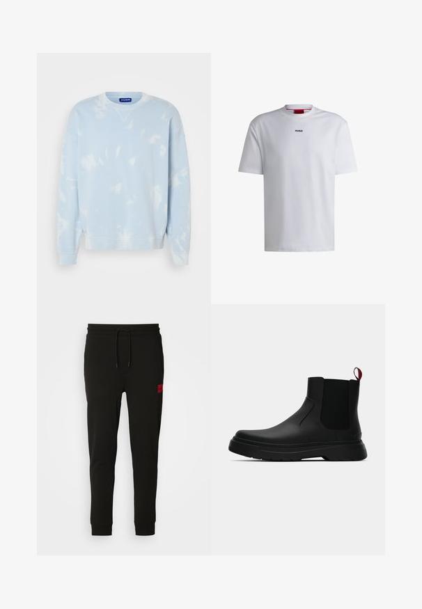 Felpa azzurra chiara con un motivo tie-dye, colletto tondo e maniche ampie. Realizzata in morbido tessuto con polsini e orlo a costine.; T-shirt bianco in cotone con maniche corte, scollo rotondo e logo nero "HUGO" sul petto. Tessuto liscio, vestibilità casual, senza fantasie.; Pantaloni felpati neri realizzati in tessuto morbido, con vita regolabile tramite cordoncino, vestibilità slim e una patch rossa con logo sulla coscia sinistra.; Stivale alla caviglia nero con finitura liscia, pannelli laterali elastici e un tab di presa rosso a contrasto, dotato di una suola in gomma spessa e punta arrotondata.