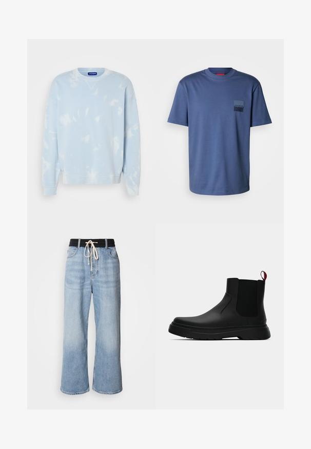 Felpa azzurra chiara con un motivo tie-dye, colletto tondo e maniche ampie. Realizzata in morbido tessuto con polsini e orlo a costine.; T-shirt azzurro a maniche corte realizzato in cotone morbido, con una tasca quadrata con un logo blu scuro. Design classico con collo a giro.; Jeans blu chiaro a gamba larga con vita elastica nera, dotati di chiusura con coulisse e design classico a cinque tasche.; Stivale alla caviglia nero con finitura liscia, pannelli laterali elastici e un tab di presa rosso a contrasto, dotato di una suola in gomma spessa e punta arrotondata.