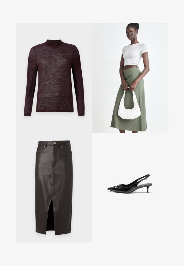 Maglione a maniche lunghe, leggero, color bordeaux con un tessuto a maglia semi-trasparente, mostrato disteso su uno sfondo bianco.; Gonna midi in pelle marrone con spacco frontale, design a cinque tasche e chiusura con bottone metallico. Texture liscia e vestibilità su misura.; Tacchi slingback in pelle nera con punta affusolata, piccolo tacco kitten e un dettaglio a nodo decorativo sulla parte anteriore. Texture liscia su tutta la superficie.; Top crop a coste grigio e gonna a vita alta verde oliva. Il modello tiene una borsa a spalla bianca con dettagli intagliati. Design semplice, silhouette aderente.