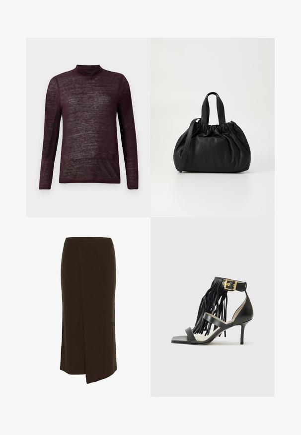 Lange mouwen, lichtgewicht bordeauxrode turtleneck trui met een semi-doorzichtige brei textuur, vlak uitgelegd op een witte achtergrond.; Donkerbruine, knie-lange gebreide rok met een licht uitlopende zoom en een zijslit, met een zachte, gladde textuur en een elastische tailleband.; Zwarte hoge hak sandaal met franjes, enkelband met gouden hardware, platte vierkante neus en twee kruissluitingen over de wreef.; Zwarte leren handtas met een geplooid ontwerp aan de bovenkant, voorzien van twee korte handvatten en een lange verstelbare schouderband. Gladde textuur, ronde vorm.