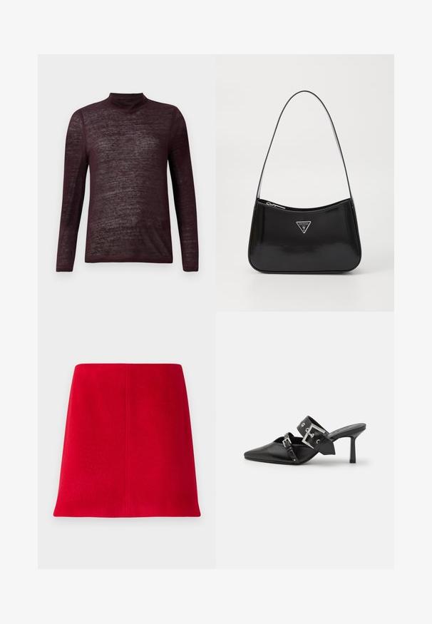 Długi rękaw, lekki bordowy sweter z golfem, o półprzezroczystej fakturze, wyłożony na białym tle.; Czerwona mini spódnica wykonana z teksturowanej tkaniny o prostym kroju. Projekt wyróżnia się bezszwowym przodem i czystymi liniami bez ozdób.; Czarne mule na wysokim obcasie z ostrym noskiem, wykonane z gładkiej skóry. Posiadają szeroki pasek na kostkę z kwadratową srebrną klamrą i ćwiekami.; Czarna, lakierowana torebka na ramię o zaokrąglonym kształcie, z metalowym, srebrnym logo w kształcie trójkąta i zapięciem na zamek. Gładka tekstura i smukły pasek.