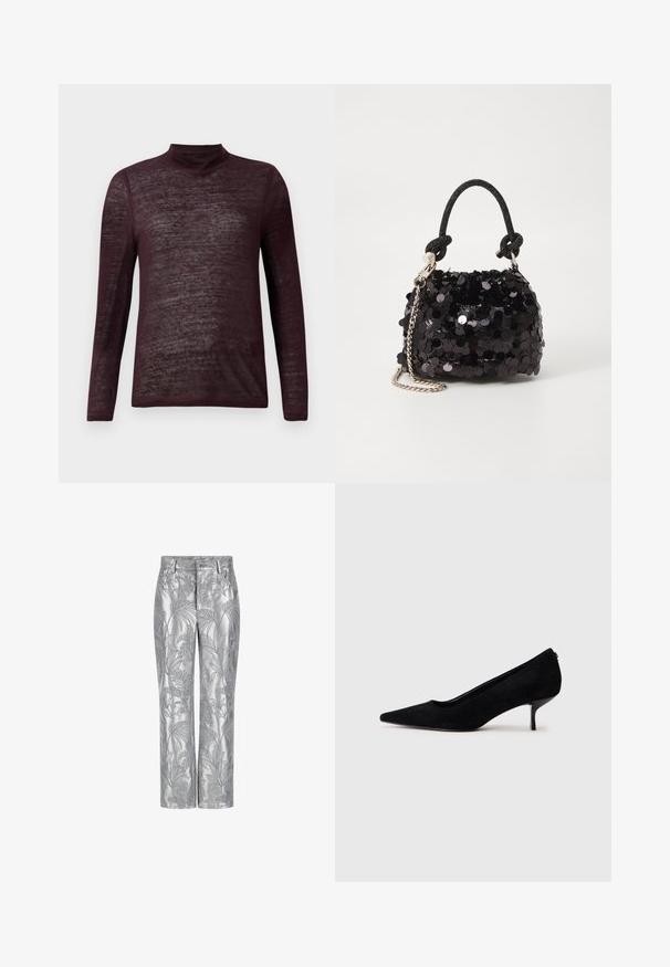 Dugi rukavi, lagani bordo pulover s rolom s poluprozirnom pletenom teksturom, prikazan ravno na bijeloj pozadini.; Srebrne hlače s vezenim listovima, ravnog kroja, glatke i sjajne teksture. Funkcionalne džepove i kopčanje na dugme.; Crna nubuk visoka potpetica s šiljastim vrhom i tankom, niskom potpeticom. Glatka tekstura s elegantnim dizajnom, bez vidljivih dodataka.; Crna mini torbica sa šljokicama, s čvorastim teksturiranim remenom i srebrnim lancem. Zaobljenog oblika s naboranim vrhom i reflektivnim detaljima.