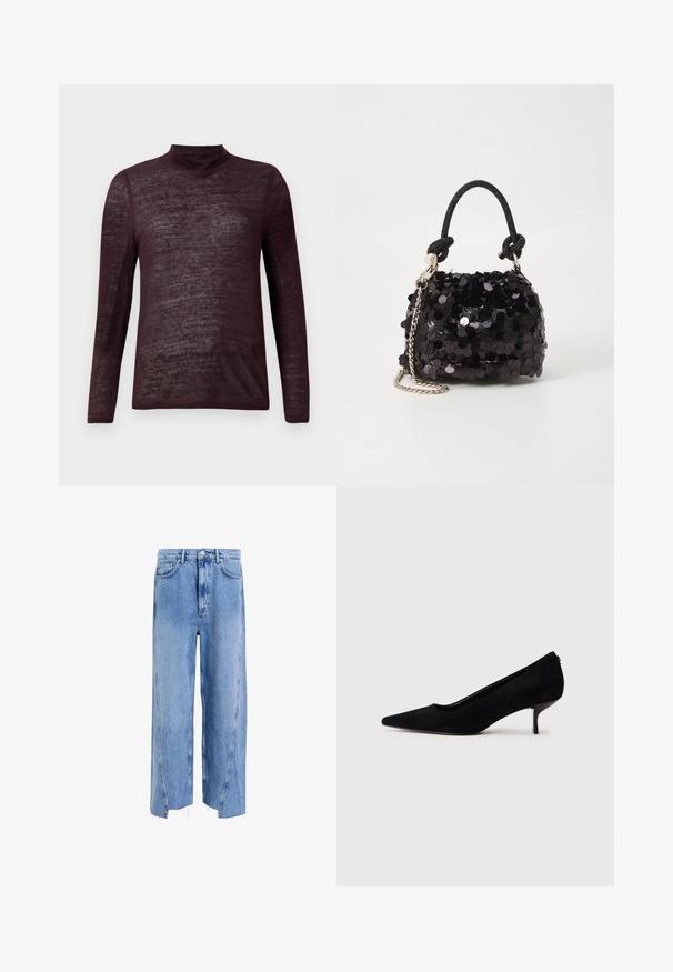 Dugi rukavi, lagani bordo pulover s rolom s poluprozirnom pletenom teksturom, prikazan ravno na bijeloj pozadini.; Svijetloplave traperice širokog kroja, s visokim strukom, širokim nogavicama, sirovim rubovima i vidljivim detaljima šivanja.; Crna nubuk visoka potpetica s šiljastim vrhom i tankom, niskom potpeticom. Glatka tekstura s elegantnim dizajnom, bez vidljivih dodataka.; Crna mini torbica sa šljokicama, s čvorastim teksturiranim remenom i srebrnim lancem. Zaobljenog oblika s naboranim vrhom i reflektivnim detaljima.