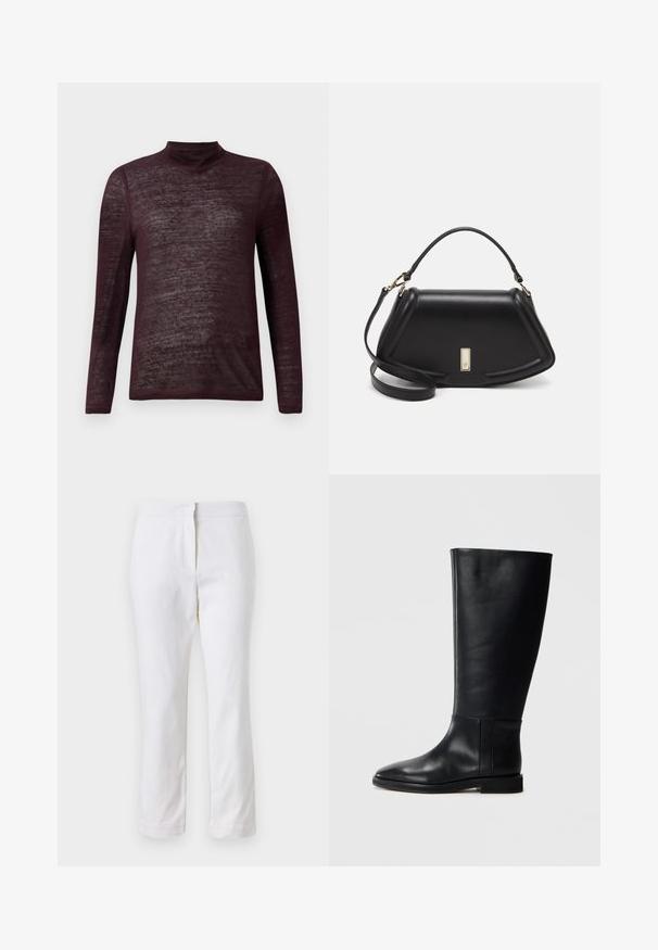 Maglione a maniche lunghe, leggero, color bordeaux con un tessuto a maglia semi-trasparente, mostrato disteso su uno sfondo bianco.; Pantaloni bianchi in cotone con design a gamba dritta, caratterizzati da una vita a media altezza e senza hardware o motivi visibili. Tessuto liscio su tutta la superficie.; Stivale in pelle nera al ginocchio con punta arrotondata, texture liscia, design minimalista e suola piatta. Dettagli di cucitura semplici sulla gamba.; Borsa a mano in pelle nera con un design strutturato, caratterizzata da una forma corta, manico superiore e accessori in metallo dorato. Inclusa tracolla regolabile.