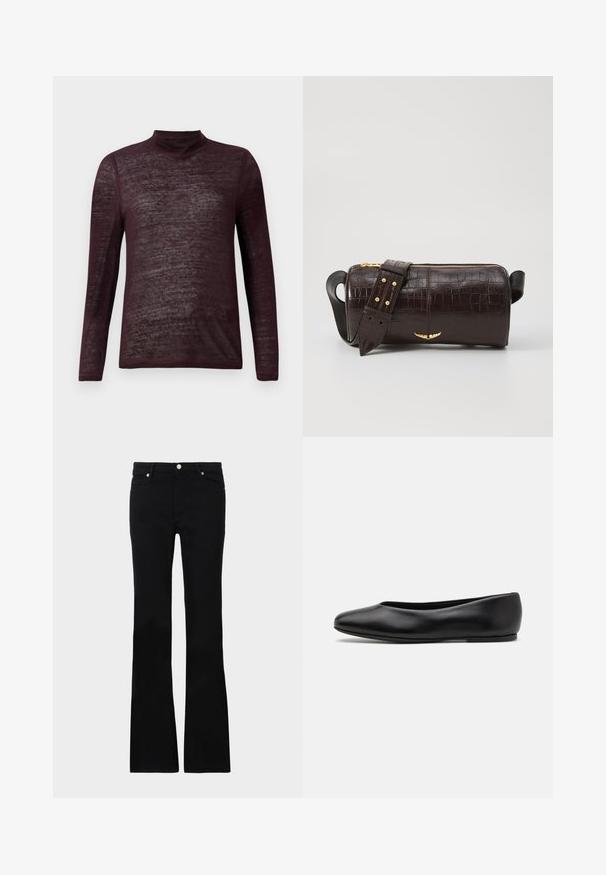 Pull à col roulé bordeaux léger à manches longues avec une texture tricot semi-transparente, présenté à plat sur un fond blanc.; Jean évasé noir en denim, avec deux poches avant, une fermeture à bouton et une texture lisse. Couture signature visible aux coutures.; Paul Smith TOPANGA - Ballerines - black; Sac en cuir embossé crocodile marron avec une forme cylindrique, quincaillerie dorée et une bandoulière détachable ornée de clous.