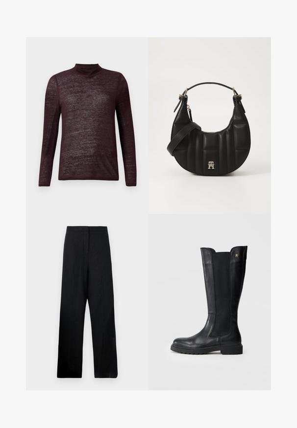 Langärmliger, leichter burgunderfarbener Rollkragenpullover mit einer halbtransparenten Stricktextur, flach auf einem weißen Hintergrund präsentiert.; Schwarze weite Hose aus leichtem Stoff. Hat eine glatte Textur, eine hohe Taille und minimale Nähte.; Schwarze Lederstiefel bis zur Knöchelhöhe mit elastischen Seitenteilen, abgerundeter Zehenpartie, dicke Sohle und kleinem Logoakzent an der Außenseite.; Schwarze Lederhandtasche mit geschwungener Form, gequilteter Textur und goldenen Beschlägen. Sie verfügt über einen abnehmbaren Schultergurt und ein Logodetail.