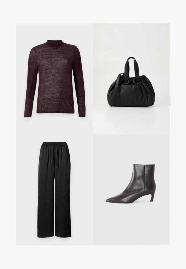 Lange mouwen, lichtgewicht bordeauxrode turtleneck trui met een semi-doorzichtige brei textuur, vlak uitgelegd op een witte achtergrond.; Zwarte wijde broek met een elastische tailleband, verstelbare koordsluiting en een gladde textuur. Beschikt over een losse pasvorm voor comfort en bewegingsvrijheid.; Zwarte leren enkellaars met spitse neus en lage kitten heel, gladde afwerking, zijrits, getoond op een neutrale achtergrond.; Zwarte leren handtas met een geplooid ontwerp aan de bovenkant, voorzien van twee korte handvatten en een lange verstelbare schouderband. Gladde textuur, ronde vorm.