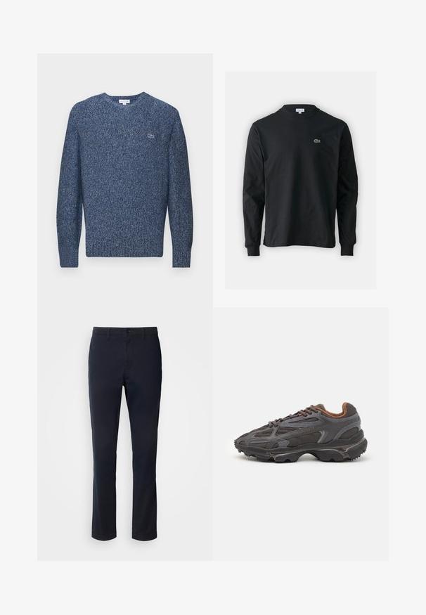 Lacoste Džemperis - navy neps; Juodas ilgomis rankovėmis marškinėliai iš medvilnės, turintys apvalią iškirptę ir mažą žalią išsiuvinėtą krokodilo logotipą kairėje krūtinės pusėje.; Tamsiai mėlyni kelnių pagaminti iš lygaus audinio, turintys tiesaus kirpimo dizainą, diržo kilpas ir sagčių uždarymą su užtrauktuku.; Lacoste sportbačiai tamsiai pilki, pagaminti iš tinklinės ir sintetinių medžiagų, su tekstūruotu padu ir rudomis detalėmis ant apykaklės bei prekės ženklo.