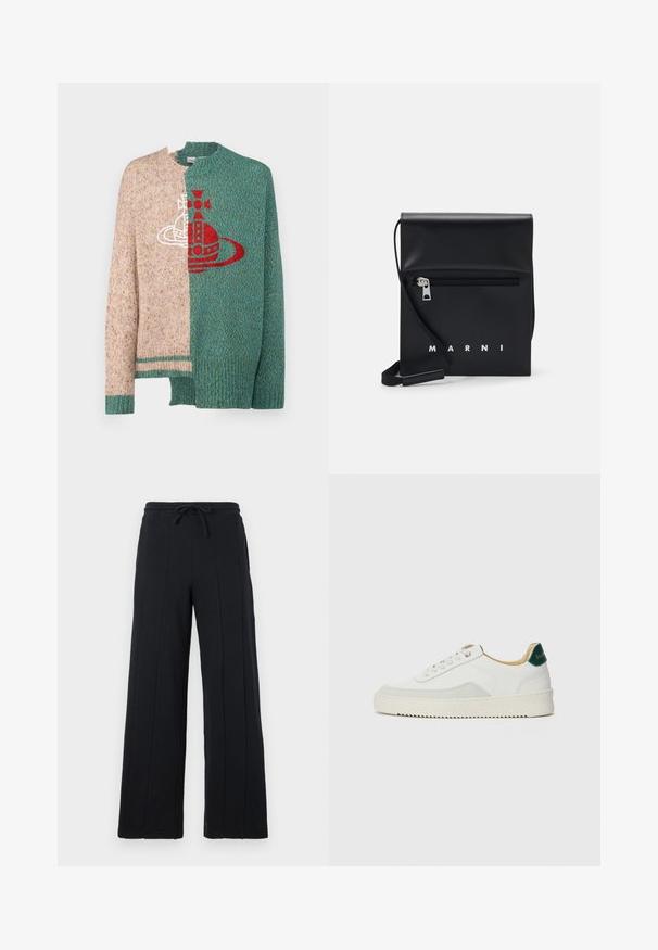 Vivienne Westwood HALF&HALF - Maglione - multicolor; Pantaloni neri a gamba larga realizzati in tessuto morbido, dotati di una vita con cordoncino e dettagli di cucitura verticale sulla parte frontale.; Sneaker bianco con accenti in camoscio, punta rotonda, lacci piatti e suola in gomma crema. Presenta un marchio verde sul tallone.; Borsa a tracolla in pelle nera con tasca frontale con zip, logo in rilievo e tracolla regolabile. Texture liscia con una forma strutturata.