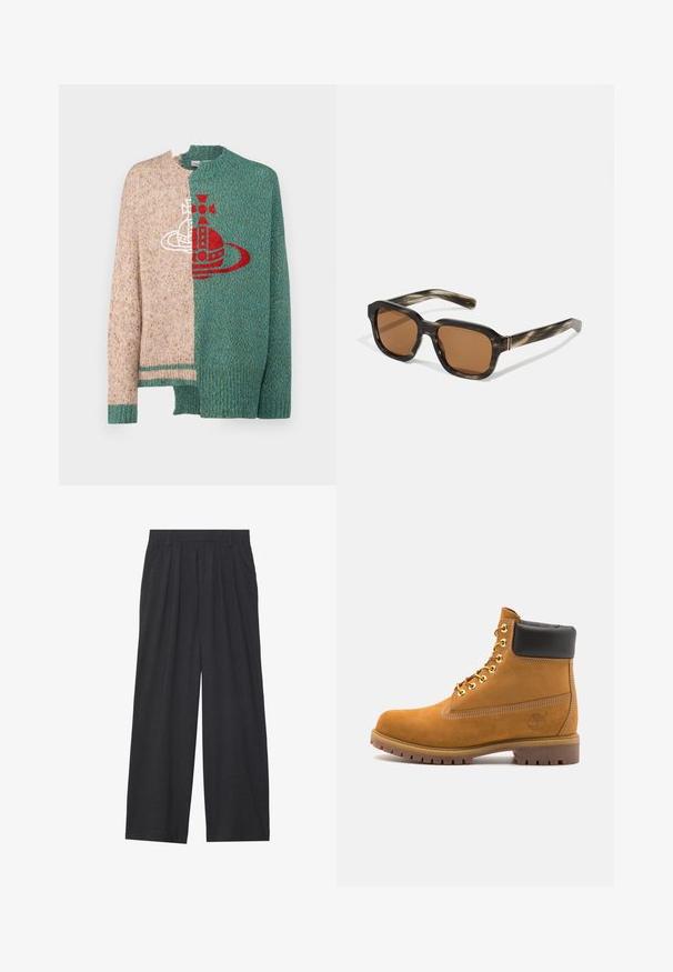 Vivienne Westwood HALF&HALF - Maglione - multicolor; Pantaloni a gamba larga realizzati in tessuto grigio scuro. Presentano pences in vita, un design sartoriale e una silhouette dritta.; Stivale alla caviglia in suede tan con collare imbottito nero, occhielli in metallo dorato, dettagli in cucitura bianca e suola in gomma robusta con battistrada pronunciato.; Occhiali da sole in plastica con motivo tartaruga, lenti marroni ottagonali e sottili dettagli in metallo dorato sulla montatura.