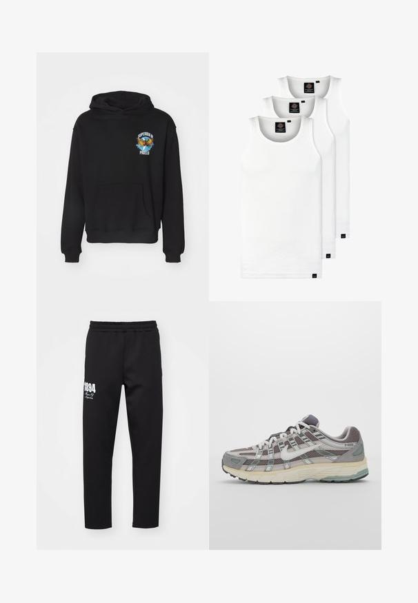 Sweatshirt preto com capuz, feito de mistura de algodão. Apresenta um bolso frontal e um gráfico decorativo de uma águia com texto no peito.; Três tops em algodão de alças brancas com nervuras. Apresentam um decote redondo e pequenas etiquetas pretas perto da bainha. Disponíveis em vários tamanhos.; Calças de moletão pretas com cintura elástica. Apresenta texto impresso em branco "1894" e "House Of." Feitas de um tecido liso e elástico.; Sapatilha atlética cinza com parte superior em malha e camurça, detalhes brancos, sola acolchoada e um design distinto com elementos refletivos.