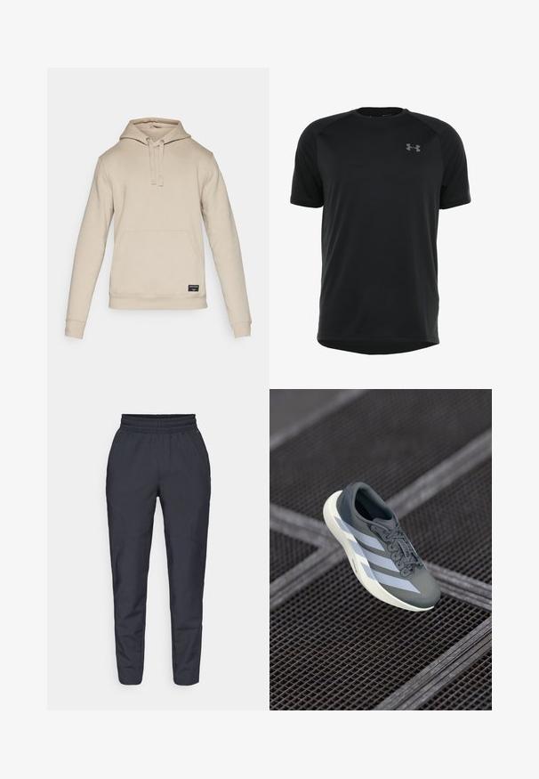 Bež dukserica od mekanog materijala, sa kenguruvim džepom, podešavajućim vezicama i rebrastim manžetama. Klasičan pulover dizajn.; Crna kratka majica s kratkim rukavima za sport izrađena od glatkog, laganog materijala. Ima okrugli dekolte i diskretan logo na grudima.; Mornarske tapered hlače napravljene od mekog materijala, sa elastičnom trakom u struku, bočnim džepovima i glatkom teksturom s suptilnim detaljima šivanja.; Sportska cipela u sivoj i bijeloj boji, izrađena od sintetičkog materijala, s aerodinamičnim dizajnom, teksturiranom površinom i istaknutim sistemom vezivanja.