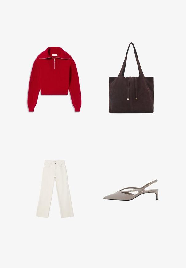 Rode gebreide trui met een hoge kraag en een ritssluiting tot half hoogte. Heeft geribbelde mouwen en een textuurpatroon op de borst. Lichtgewicht materiaal.; Witte wijde spijkerbroek van denim, met een hoge taille, voorzakken en een knoopsluiting. Eenvoudig ontwerp met minimalistische accenten.; Beige slingback hakken met een spitse neus, dunne kruislings gespen en een korte stiletto hak. Zachte stof met accenten van goudkleurig beslag.; Mango Shopper - dark brown