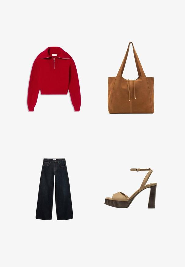Red knitted sweater with a high collar and half-zip closure. Features ribbed sleeves and textured patterns on the chest. Lightweight material.; Wide-leg dark denim jeans with a high waist, featuring contrasting stitching, front pockets, and a minimalistic design.; Beige suede high-heeled sandals with a wide front strap and ankle strap, featuring a chunky wooden block heel with a textured finish.; Brown suede tote bag with two long straps, drawstring closure, and minimalistic design. Smooth texture and no visible hardware accents.