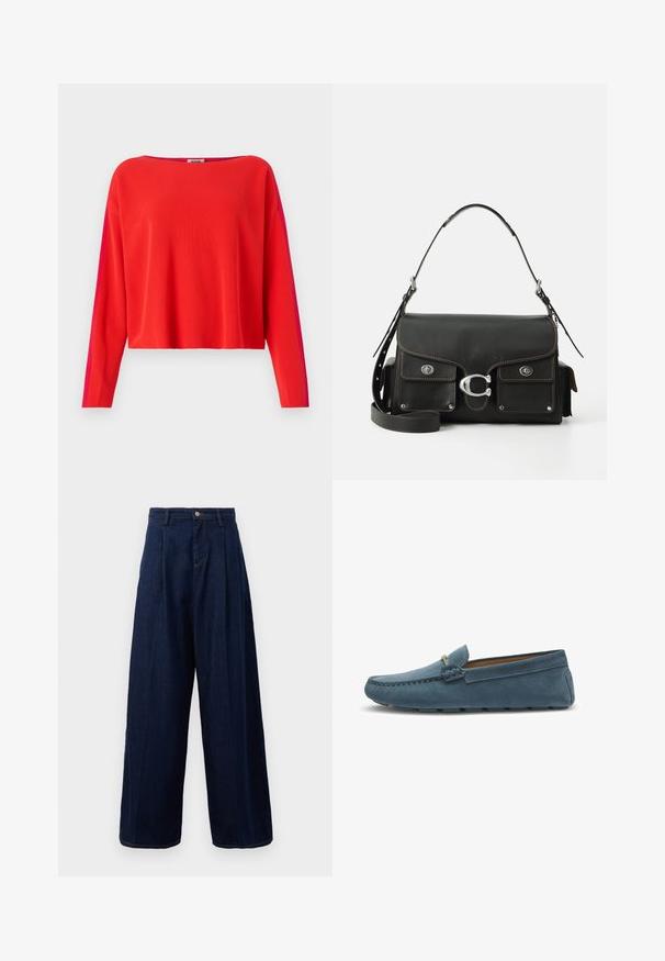 Roter gerippter Pullover mit langen Ärmeln, cropped Schnitt und einem kontrastierenden magentafarbenen Seitenpanel. Glatte Textur, weiter Ausschnitt.; Dunkelblaue Denim-Hosen mit weitem Bein und hoher Taille, mit gefaltetem Vorderteil und klassischem Knopfverschluss, seitlichen Taschen und kontrastierender Naht.; Blaue Wildleder-Slipper mit flacher Sohle, die an den Kanten mit einer gestickten Gestaltung versehen sind und einen dekorativen Metallelement an der Vorderseite besitzen.; Schwarze lederne Handtasche mit Klappenverschluss, silbernen Beschlägen, zwei Vordertaschen, kontrastierenden Nähten und einem abnehmbaren Schultergurt.