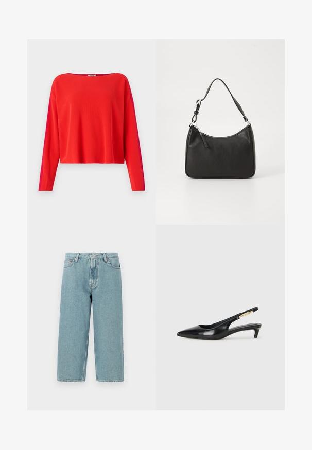 Punainen ribbikuvioinen pitkähihainen neule, jota on lyhennetty. Reunassa on kontrastivärinen magentapinkki sivupaneeli. Silkkinen rakenne, leveä pääntie.; Vaaleansiniset farkkushortsit, joissa on korkea vyötärö, suora leikkaus ja raakareuna. Varustettu perinteisellä nappi- ja vetoketjukiinnityksellä sekä neljällä taskulla.; Mustat nahkaiset slingback-korkokengät, joissa on terävä kärki, ohuet korot ja kultasävytteinen yksityiskohta säädettävässä hihnassa. Silkkinen pinta.; Mustat nahkakäsilaukku, jossa on kaareva muoto, yksi hihna, vetoketjukiinnitys ja hienovarainen brändäys etuosassa. Sujuva pinta, minimalistinen muotoilu.