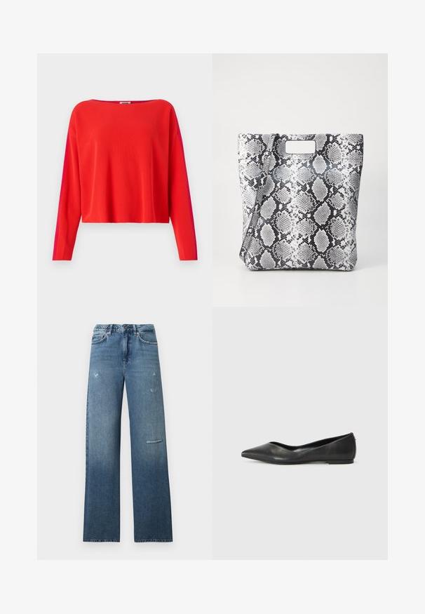 Pulôver vermelha com ranhuras, mangas longas, corte cropped e um painel lateral em magenta contrastante. Textura suave, decote amplo.; Jeans azuis em ganga com um design de corte reto, detalhes desgastados e uma bainha limpa. O tecido apresenta um aspeto ligeiramente desbotado em gradiente.; Sapatilha de ballet em pele preta com bico apontado, salto baixo e textura suave. Design minimalista com um detalhe lateral discreto.; Bolsa tote em estampado de cobra preto e branco com pega retangular recortada, textura suave e forma estruturada. Inclui alça ajustável.