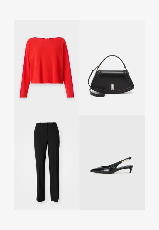 Roter gerippter Pullover mit langen Ärmeln, cropped Schnitt und einem kontrastierenden magentafarbenen Seitenpanel. Glatte Textur, weiter Ausschnitt.; Schwarze, taillierte Hose mit geradem Bein, aus einem glatten Stoff und mit klaren Falten an der Vorderseite. Keine sichtbare Hardware.; Schwarze Leder-Slingback-Pumps mit spitzem Schuhblatt, ausgestattet mit einem schlanken Absatz und einem goldfarbigen Akzent am verstellbaren Riemen. Glatte Textur.; Schwarze Lederhandtasche mit einem strukturierten Design, das eine verkürzte Form, einen oberen Griff und goldfarbene Hardware-Details aufweist. Verstellbarer Schulterriemen ist enthalten.