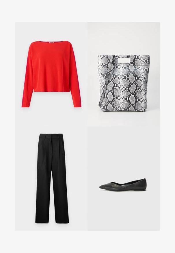 Roter gerippter Pullover mit langen Ärmeln, cropped Schnitt und einem kontrastierenden magentafarbenen Seitenpanel. Glatte Textur, weiter Ausschnitt.; Schwarze weit geschnittene Hose mit glatter Textur, ausgestattet mit Vorderfalten und einem hochgeschnittenen Design. Hergestellt aus einem leichten Stoff.; Schwarze Leder-Ballerinas mit spitzem Zehenbereich, niedrigem Absatz und glatter Textur. Minimalistisches Design mit einem dezenten seitlichen Akzent.; Schwarz-weiße Schlangenleder-Print Tragetasche mit rechteckigem Ausschnittgriff, glatter Textur und strukturiertem Design. Verstellbarer Riemen inklusive.