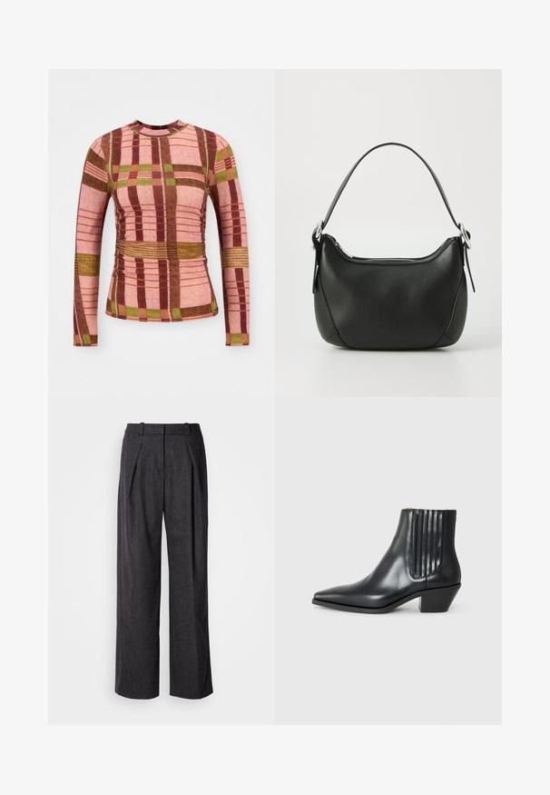 Długi rękaw w kratę z różowymi, brązowymi i zielonymi kolorami, o teksturowanej tkaninie oraz marszczeniach w talii i przy rękawach.; Ciemnoszare spodnie z szerokimi nogawkami, wykonane z teksturowanej tkaniny, z przodu z plisami i klasycznym krojem pasa. Brak widocznych kieszeni.; Czarne skórzane botki za kostkę z wysmuklonym noskiem, elastycznymi bocznymi panelami z pionowymi rowkami oraz niskim blokowym obcasem. Gładka tekstura i elegancki design.; Czarna skórzana torebka o zaokrąglonym kształcie, z srebrnym zamkiem błyskawicznym i krótkim uchwytem. Posiada subtelne logo z przodu i gładką teksturę.