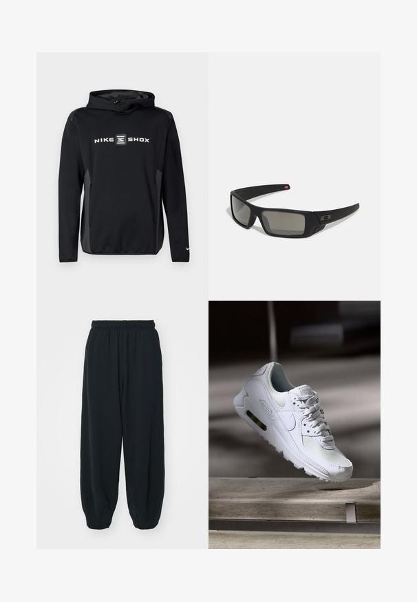 Čierna mikina Nike Shox so sivým logom na prednej strane, vybavená kapucňou so šnúrkou a dlhými rukávmi. Jemná textúra, športový strih.; Čierne tepláky s elastickým pásom, vo voľnom strihu, s manžetami na členkoch, hladkej textúry a bez viditeľných vzorov alebo kovových doplnkov.; Biele tenisky Nike Air Max 90 s vrchnou časťou z kože a sieťoviny, perforovanou špičkou a viditeľnou vzduchovou jednotkou v päte.; Čierne slnečné okuliare s matným povrchom, obdĺžnikové šošovky, mierna krivka na straničkách, nenápadný detail loga a šošovky so zafírovaným tónovaním.