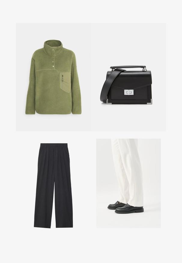 Zielono-oliwkowy polar z wysokim kołnierzem, trzema guzikami i kieszenią na zamek błyskawiczny na piersi. Miękka tekstura z kontrastującymi detalami w szyciu.; Szerokie spodnie wykonane z ciemnoszarego materiału. Posiadają pliski w talii, dopasowany krój oraz prostą sylwetkę.; Czarne skórzane mokasyny o gładkiej teksturze, ze szczegółami w postaci szwów i zaokrąglonym noskiem, zestawione z białymi eleganckimi spodniami.; Czarna skórzana torebka z srebnymi detalami, o strukturalnym designie, z magnetycznym zapięciem i odpinanym paskiem na ramię. Teksturowane akcenty na rogach.