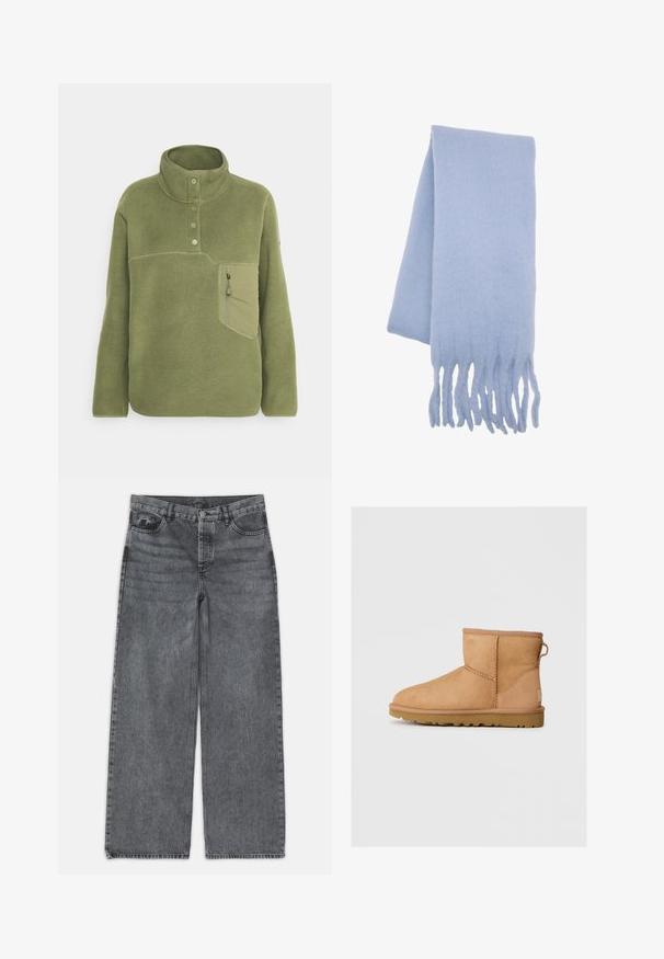 Maslinasto zeleni flis pulover s visokim ovratnikom, tri gumba i džepom na prsima sa zatvaračem. Mekana tekstura s kontrastnim šavovima.; Široke traperice u tamnosivoj boji. Imaju visoki struk, dizajn s pet džepova i prednje kopčanje na dugme. Glatka tekstura s suptilnim izbljeđenjem.; Anđeoske čizme od brušene kože u bež boji sa okruglim prstom, šivenim detaljima, petnim trakama i teksturiranim gumenim đonom. Dizajnirane za udobnost i toplinu.; Svijetloplavi vuneni šal s mekim teksturom, produženim oblikom i resastim rubovima za dodatne detalje. Idealno za toplinu i udobnost.