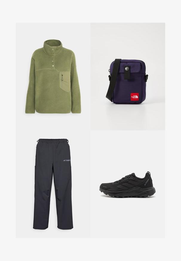 Oliven grønn fleece genser med høy krage, tre knapper og glidelåslomme på brystet. Myk tekstur med kontrasterende sømdetaljer.; Sorte, lette utendørsbukser med elastisk midjebånd, sidelommer og en logo på øvre høyre bein. Glatt, vannavvisende stoff.; Svarte treningst sneakers med teksturert syntetisk overdel, snøring, tykk gummisåle og diskrete logo-akcenter på siden og hælen.; Lilla nylon skulderveske med klaff foran, trykknapp-lukking, justerbar svart stropp, og et rødt logo-lapp på forsiden.