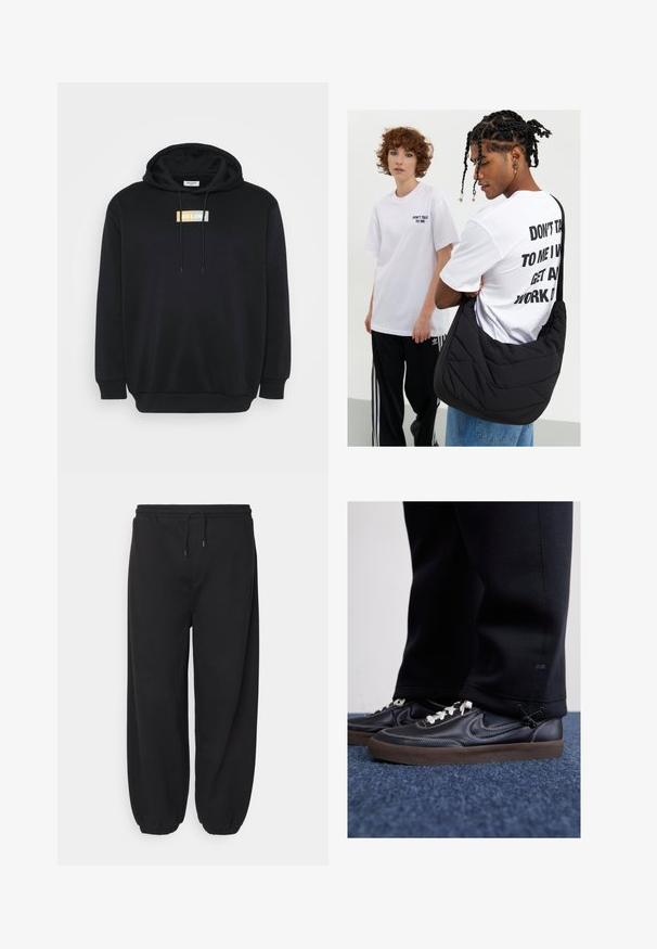 Black hoodie made of soft fabric, featuring a front logo patch in white, yellow, and light blue. Includes a kangaroo pocket and drawstring hood.; Black sweatpants made from soft material, featuring an elastic waistband with adjustable drawstring, and tapered cuffs at the ankles.; Nike Sportswear KILLSHOT 2 LTR PRM OPP2 - Trainers - black sail baroque brown mtlc dk grey; Black quilted shoulder bag with a soft texture, worn by a person in a white graphic T-shirt with bold text. Casual outfit with denim.