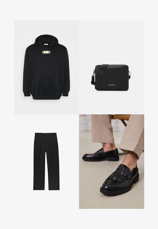 Schwarzer Hoodie aus weichem Stoff, mit einem Logo-Patch auf der Vorderseite in Weiß, Gelb und Hellblau. Enthält eine Kängurutasche und eine Kapuze mit Kordelzug.; Schwarze Hose mit geradem Schnitt, aus einem glatten Stoff gefertigt. Verfügt über Vorderfalten und einen einzelnen Knopfverschluss an der Taille.; Schwarze Lederloafers mit glatter Oberfläche, ausgestattet mit einem dekorativen Riemen und Kontrastnähten, kombiniert mit beigen Hosen.; Schwarze rechteckige Umhängetasche aus strukturiertem Material, ausgestattet mit einem silbernen Hardware-Verschluss und einem verstellbaren Tragegurt mit Logo.