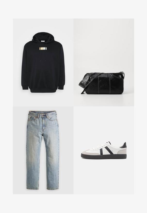 Black hoodie made of soft fabric, featuring a front logo patch in white, yellow, and light blue. Includes a kangaroo pocket and drawstring hood.; Light blue denim jeans with high waist, front button, zipper, and five-pocket design, laid flat on a neutral background.; White sneaker with black and gray accents, featuring a textured gray toe cap, black rubber sole, and flat white laces. Clean design, minimalist style.; Black leather shoulder bag with a zip closure, featuring a textured body, white stitching, and a strap with silver grommets.