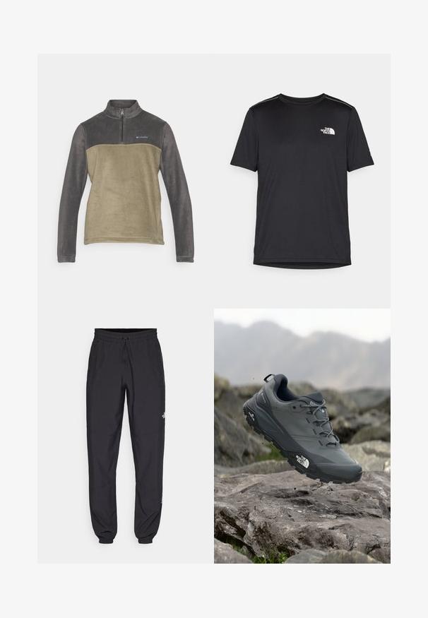 Columbia STEENS MOUNTAIN™ HALF ZIP - Flīsa džemperis - shark/stone green; Melnas īsām piedurknēm T-kreklas, izgatavots no viegla auduma. Uz kreisā krūtīm ir neliels balts logo un smalki plecu akcenti.; Melni sporta bikses, kas izgatavotas no viegla auduma, ar savelcamu jostu, sānu kabatām un sašaurinātiem apakšējiem galiem pie potītēm.; Pelēki skrējēju apavi ar teksturētu virsu, izturīgu gumijas zoli un pastiprinātu pirkstu daļu. Iekļauj šņores un zīmola logo sānos.